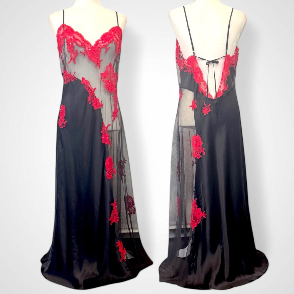 Jacalyn Bennett Frederick’s of Hollywood Silk Red Black Maxi Gown Slip Dress 1X